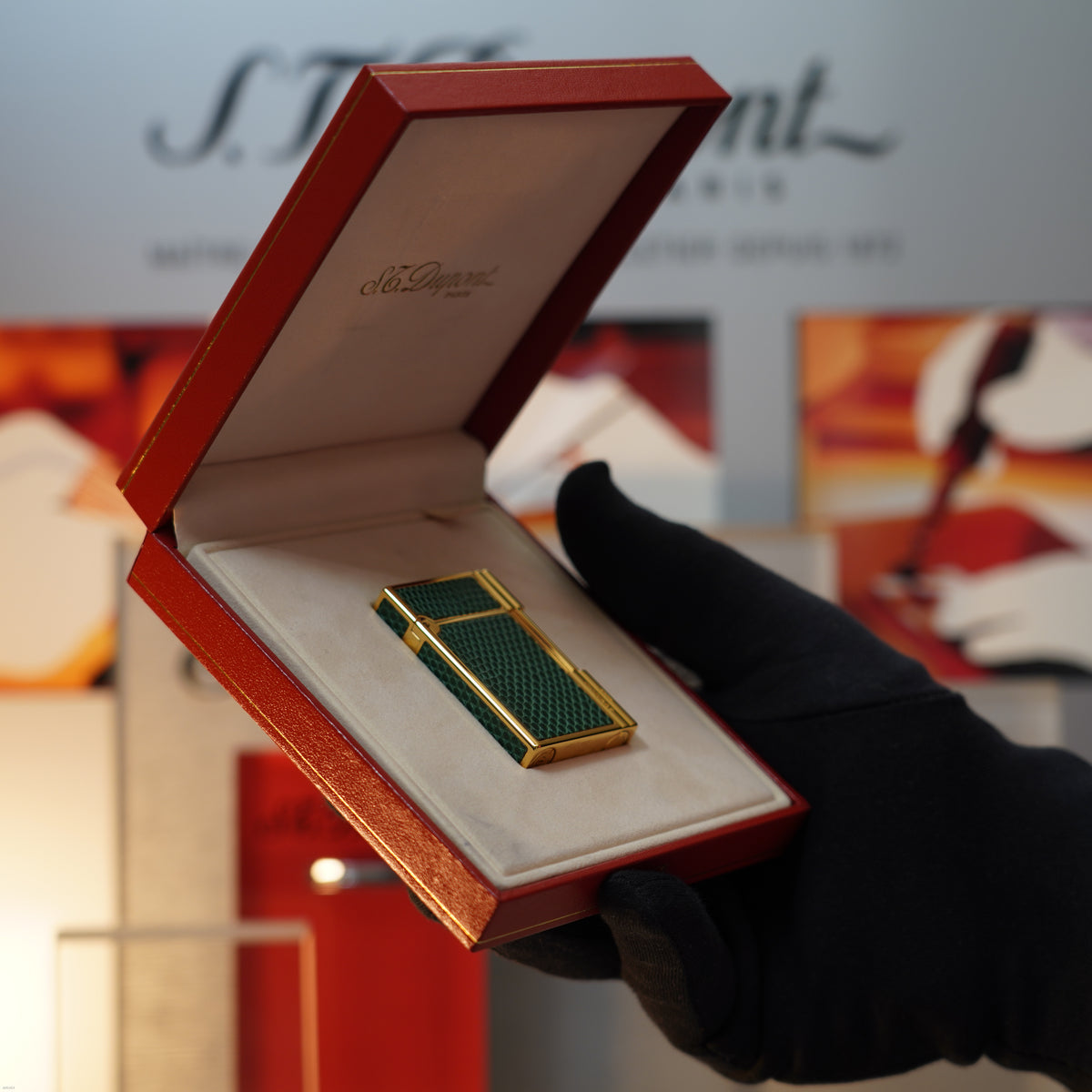 Vintage 1989 S.T. Dupont Rare Gatsby Gainierie Lézard Green Heavy 24k Gold Finish Ligne 2 Lighter Clink Sound