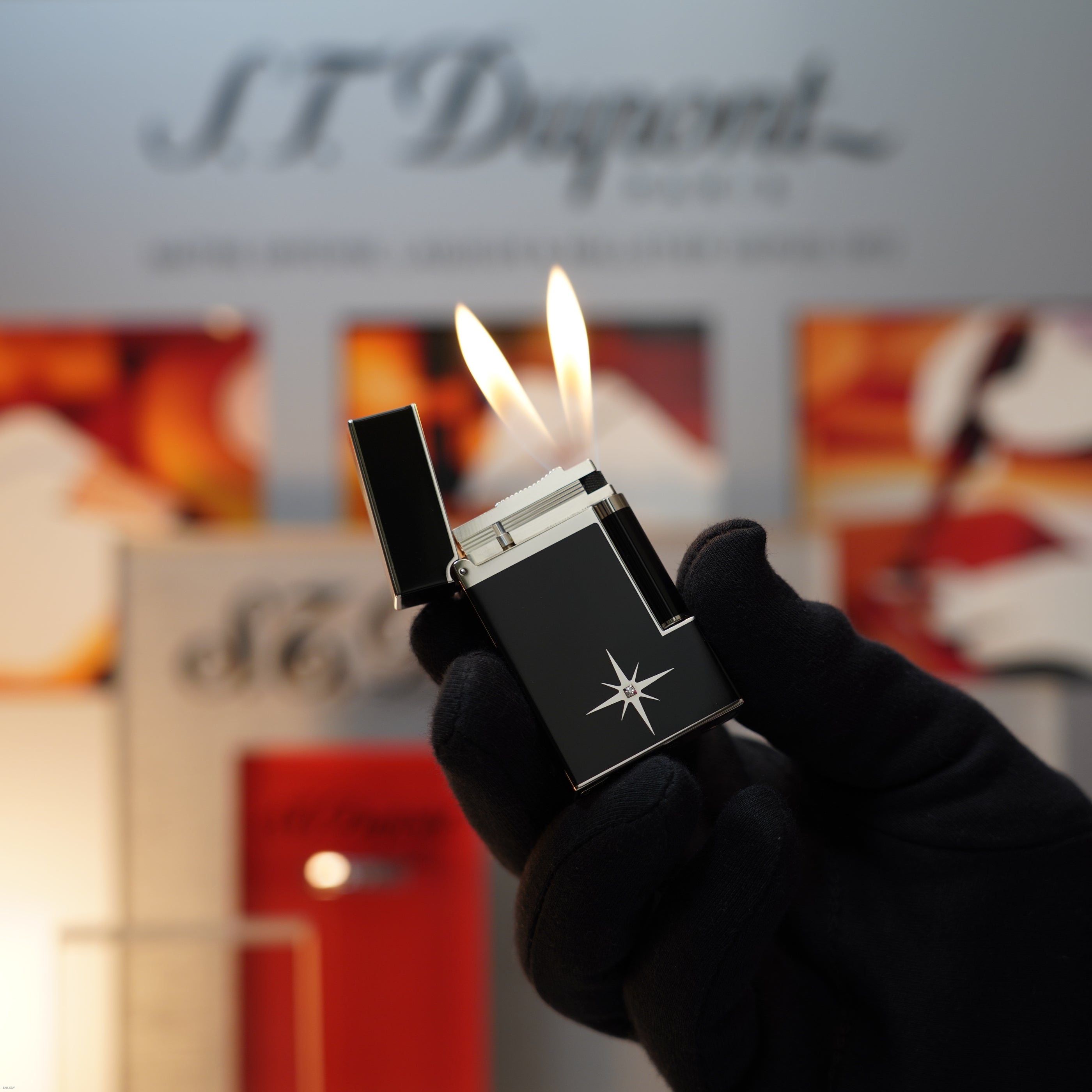 Vintage 1990 S.T. Dupont Large Ligne 2 Rare Two Flame Natural Diamond Limited Edition Black Lacquer Platinum Lighter Clink Sound