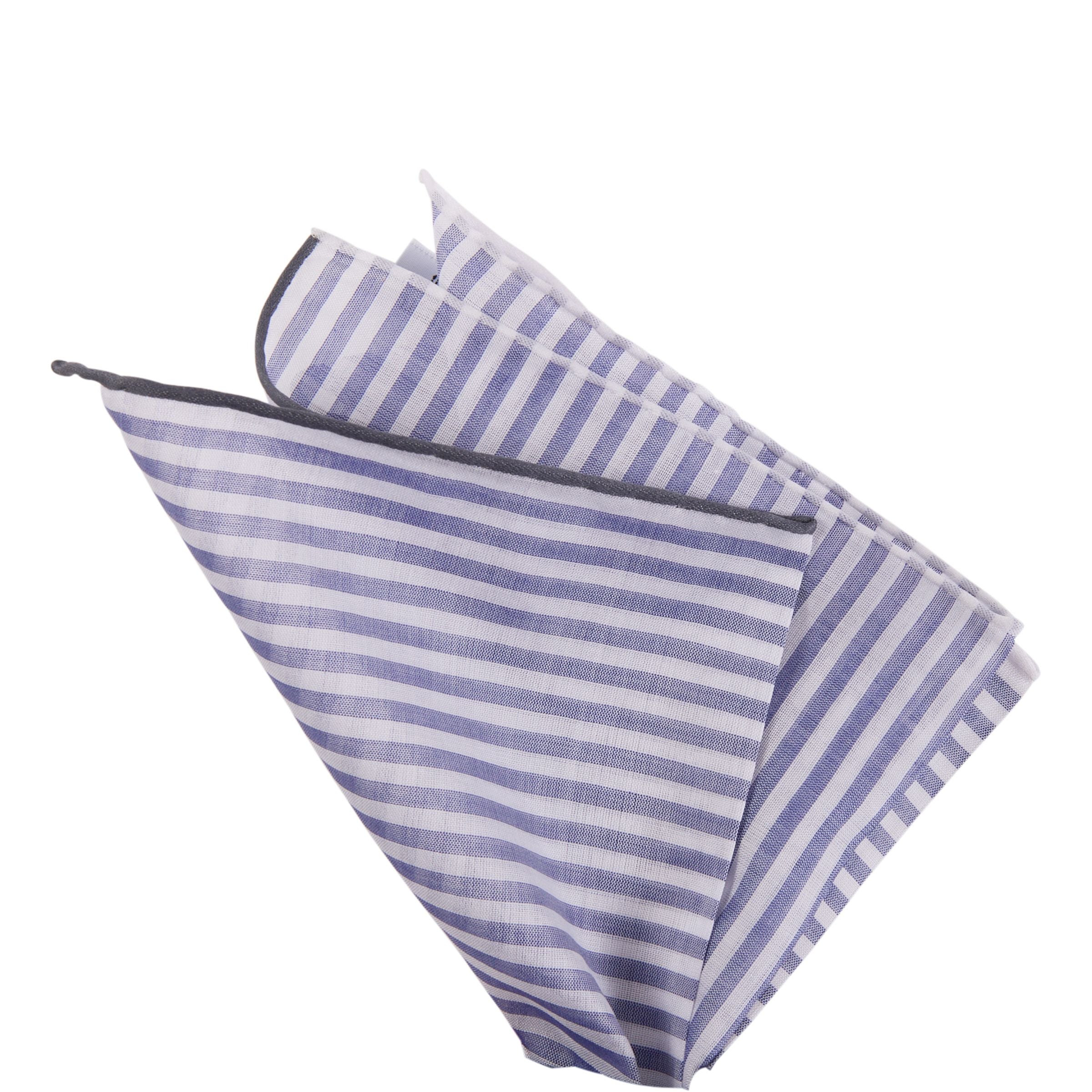 Simonnot Godard Royal Blue & White Striped Cotton Pocket Square