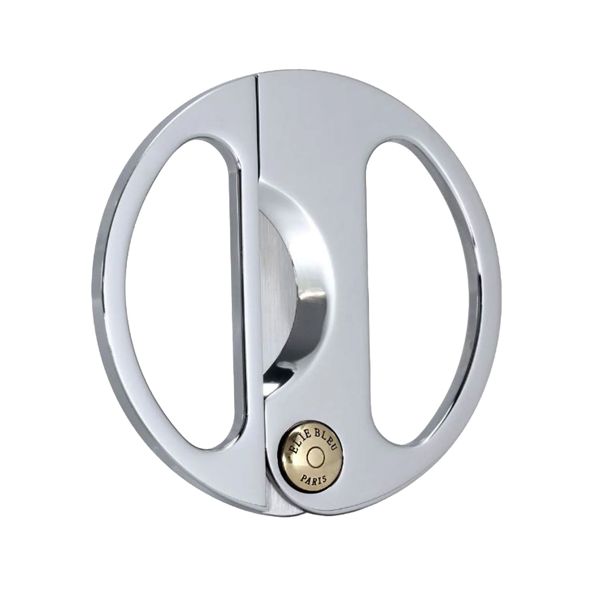 A circular closed metal cutter with gold round hinge