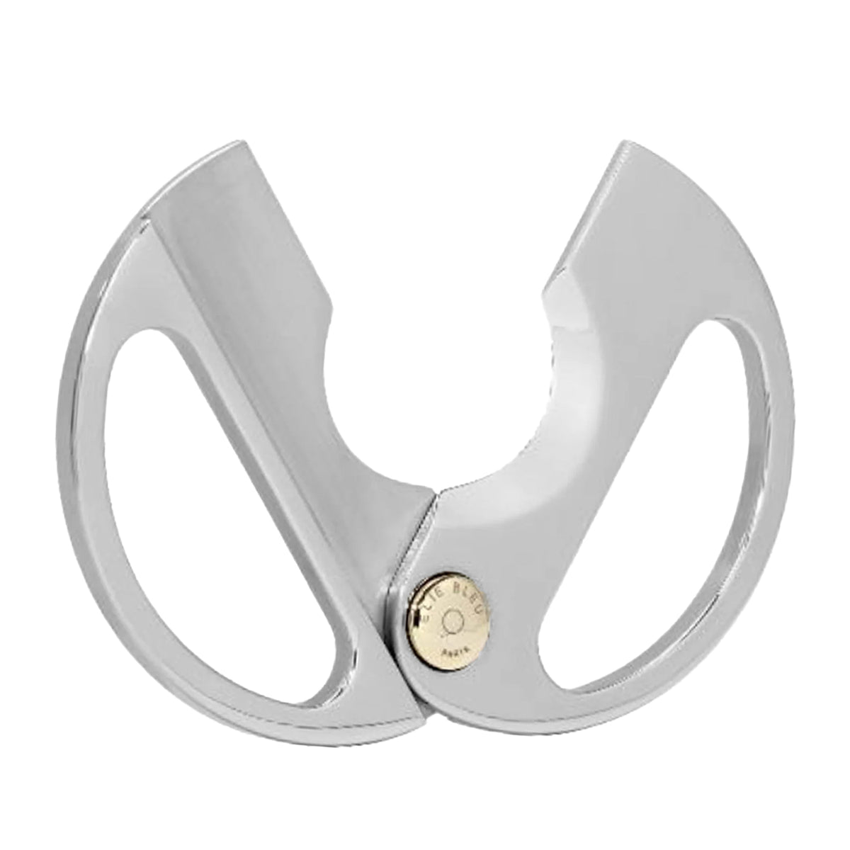 A circular opened metal cutter with gold round hinge showing large gap for cigar