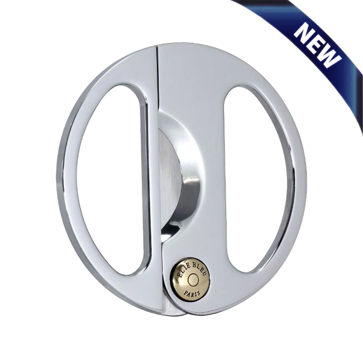 A circular closed metal cutter with gold round hinge with graphic of banner saying NEW