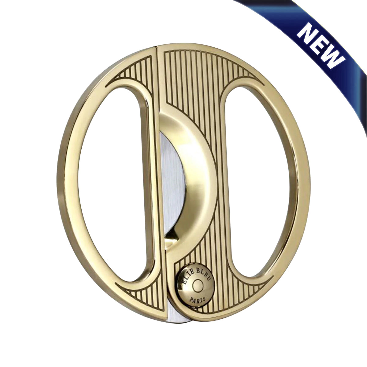 A circular closed metal cutter with gold round hinge with NEW banner