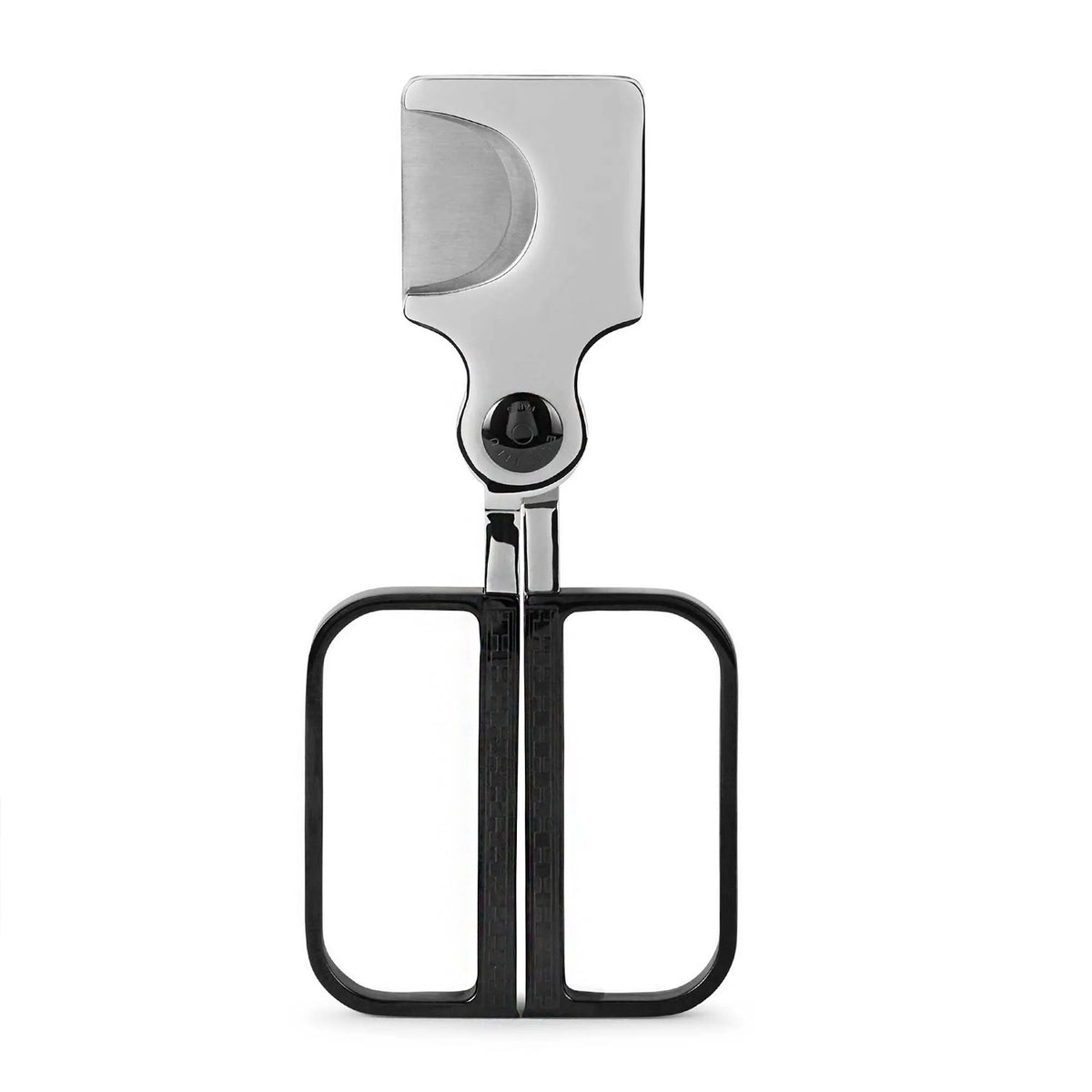 Angular scissors ith a silver stainless steel head featuring a crescent-shaped cutout and a black handle with a rounded rectangular frame, shown on a plain white background.