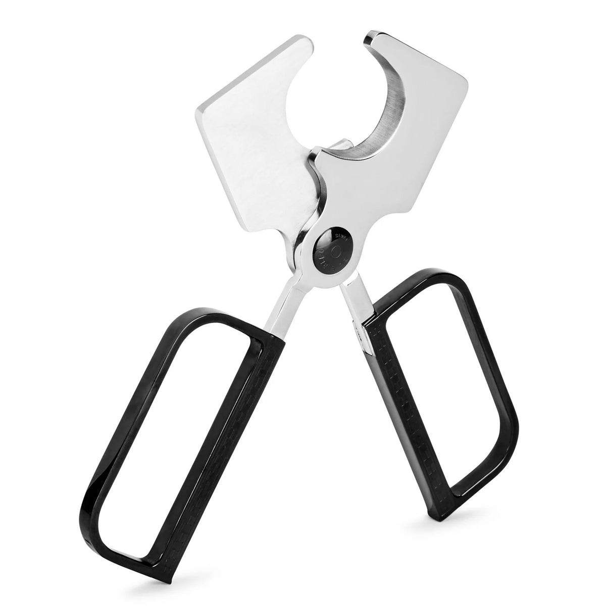 A pair of stainless steel cigar cutter scissors with black handles, shown open on a plain white background.