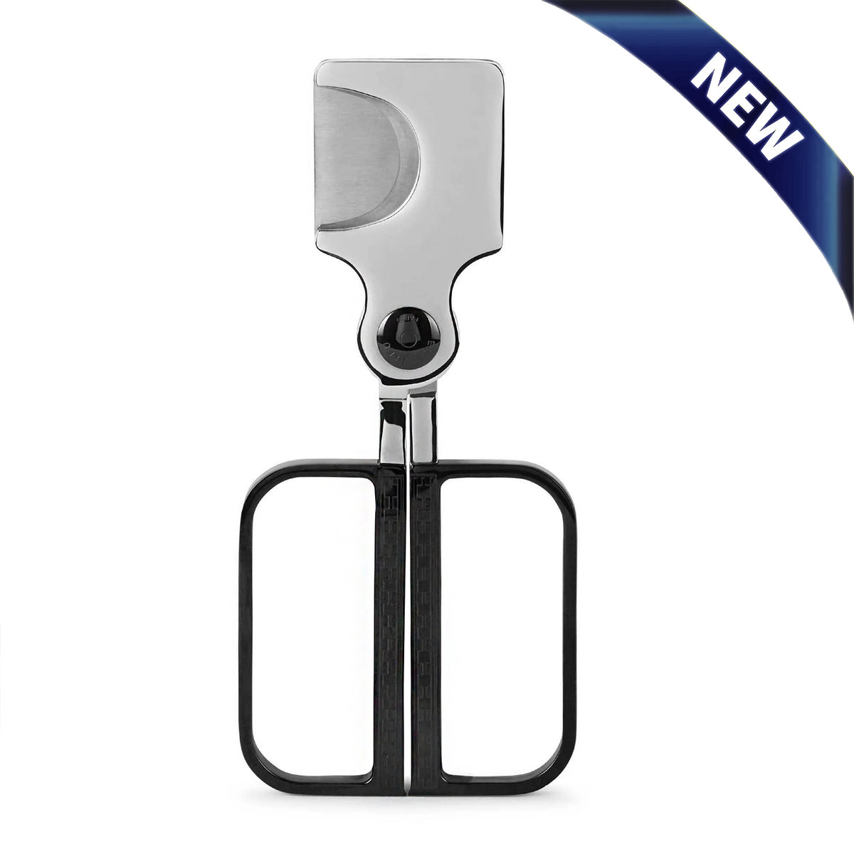 A pair of compact scissors with a silver metallic head and black handles, shown on a plain white background with a blue 'NEW' banner in the top right corner.