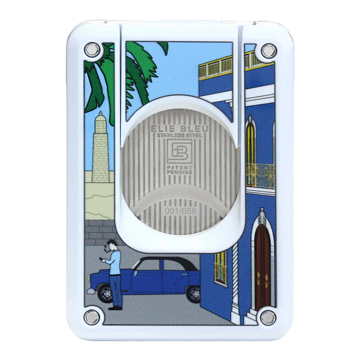 White and stainless steel double blade cutter with scene ofa cuban street with a blue building, palm tree, blue car and man smoking