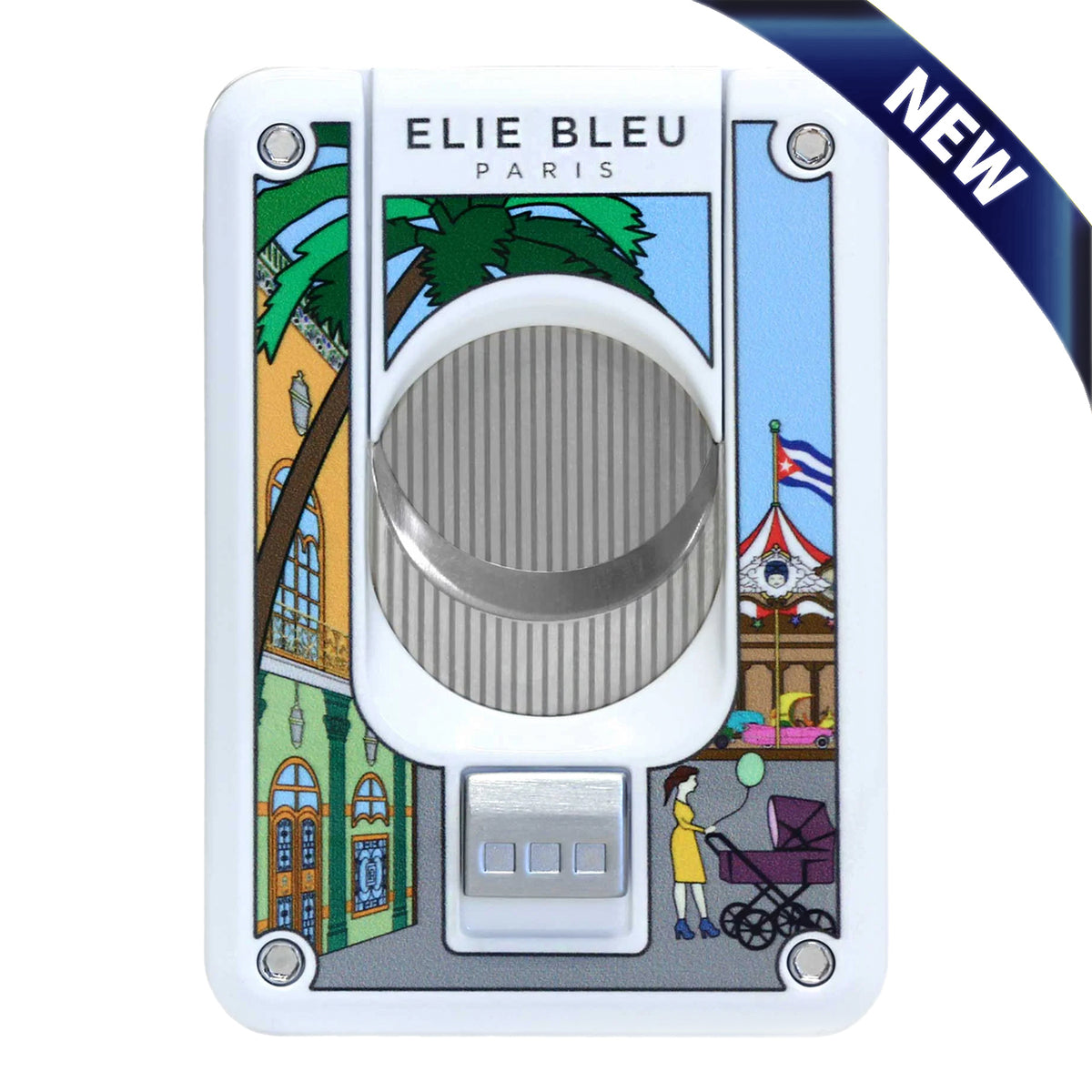 White and stainless steel double blade cutter with scene ofa cuban street with carousel and woman with baby carriage. New banner in the corner