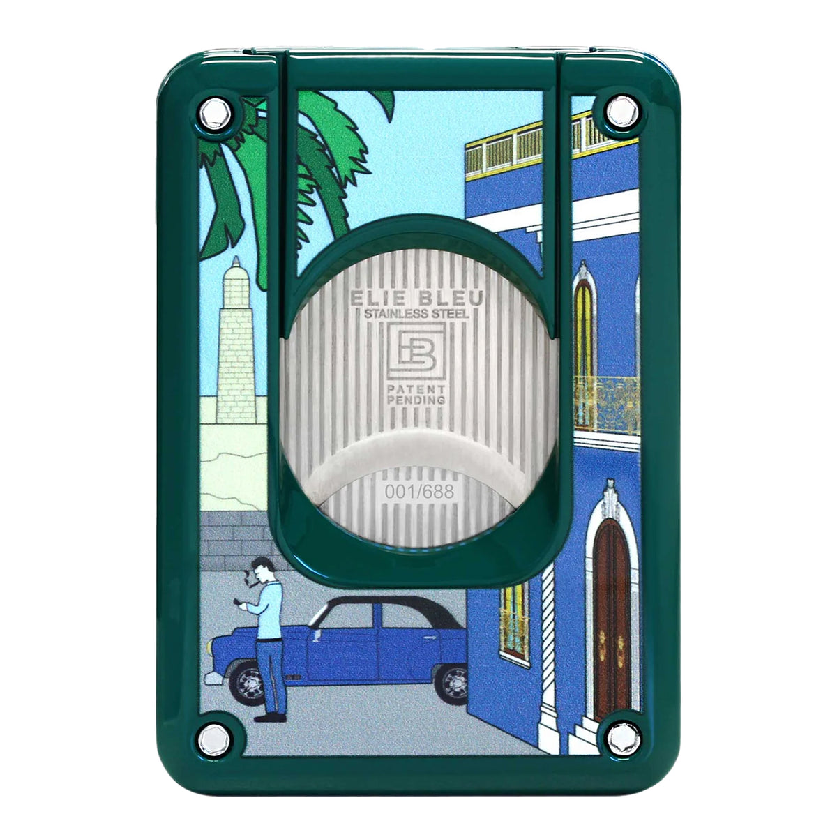 White and stainless steel double blade cutter with scene of a cuban street with  palm trees, blue building, and blue car with man smoking
