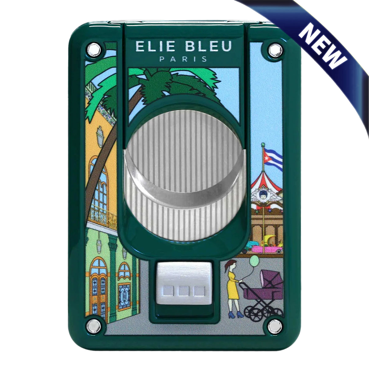 green and stainless steel double blade cutter with scene ofa cuban street with carousel and woman with baby carriage. New banner in top right corner