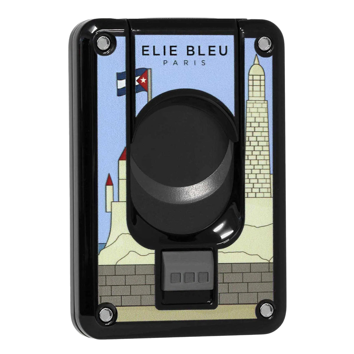 A black rectangular lighter with a colorful illustration of towers on the front, shown on a white background 