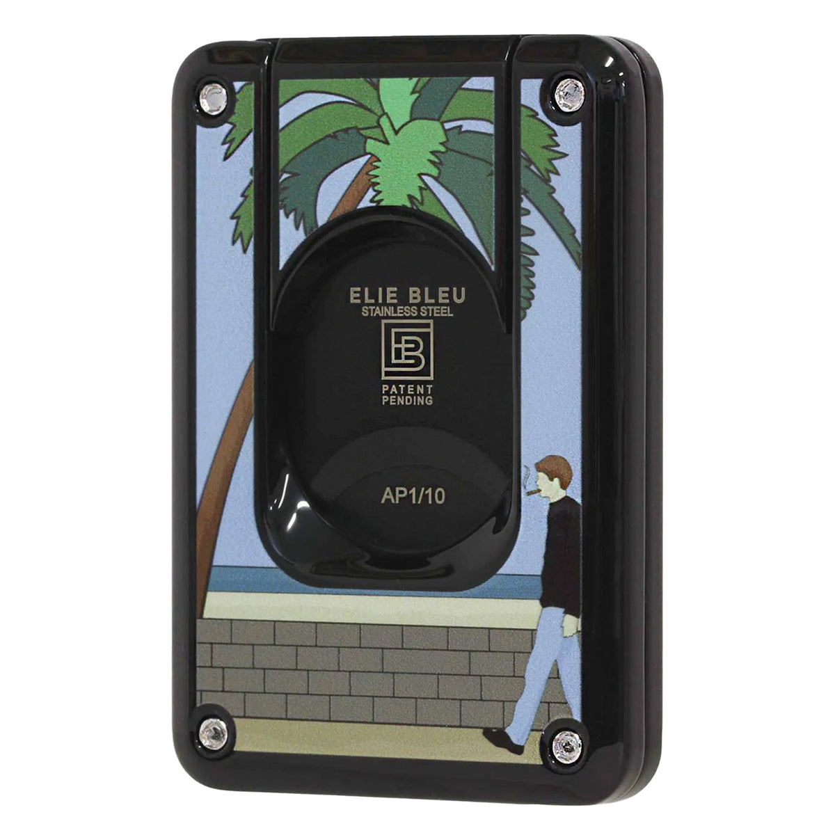 A black rectangular lighter with a colorful illustration of a palm tree and man smoking