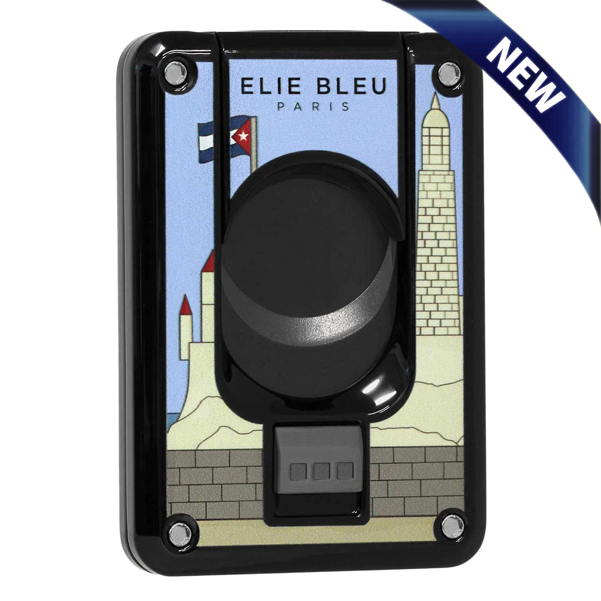 A black rectangular lighter with a colorful illustration of towers on the front, shown on a white background with a blue 'NEW' ribbon in the top right corner.