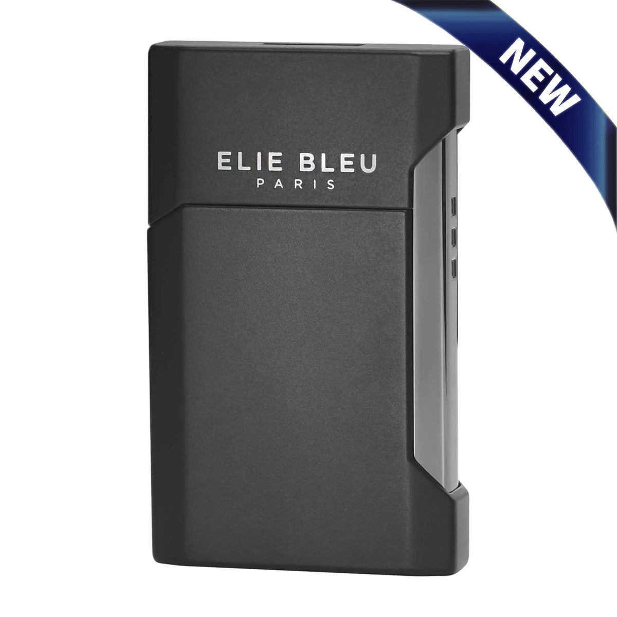 A black Elie Bleu Paris metal lighter with a matte finish and silver lettering, shown on a white background with a blue 'NEW' ribbon in the top right corner.