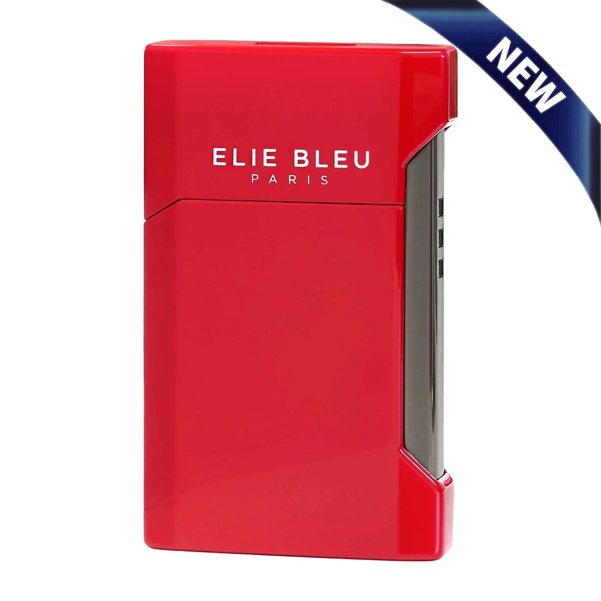 A red Elie Bleu Paris lighter with a glossy finish and a dark gray side panel, shown on a white background with a blue 'NEW' banner in the top right corner.