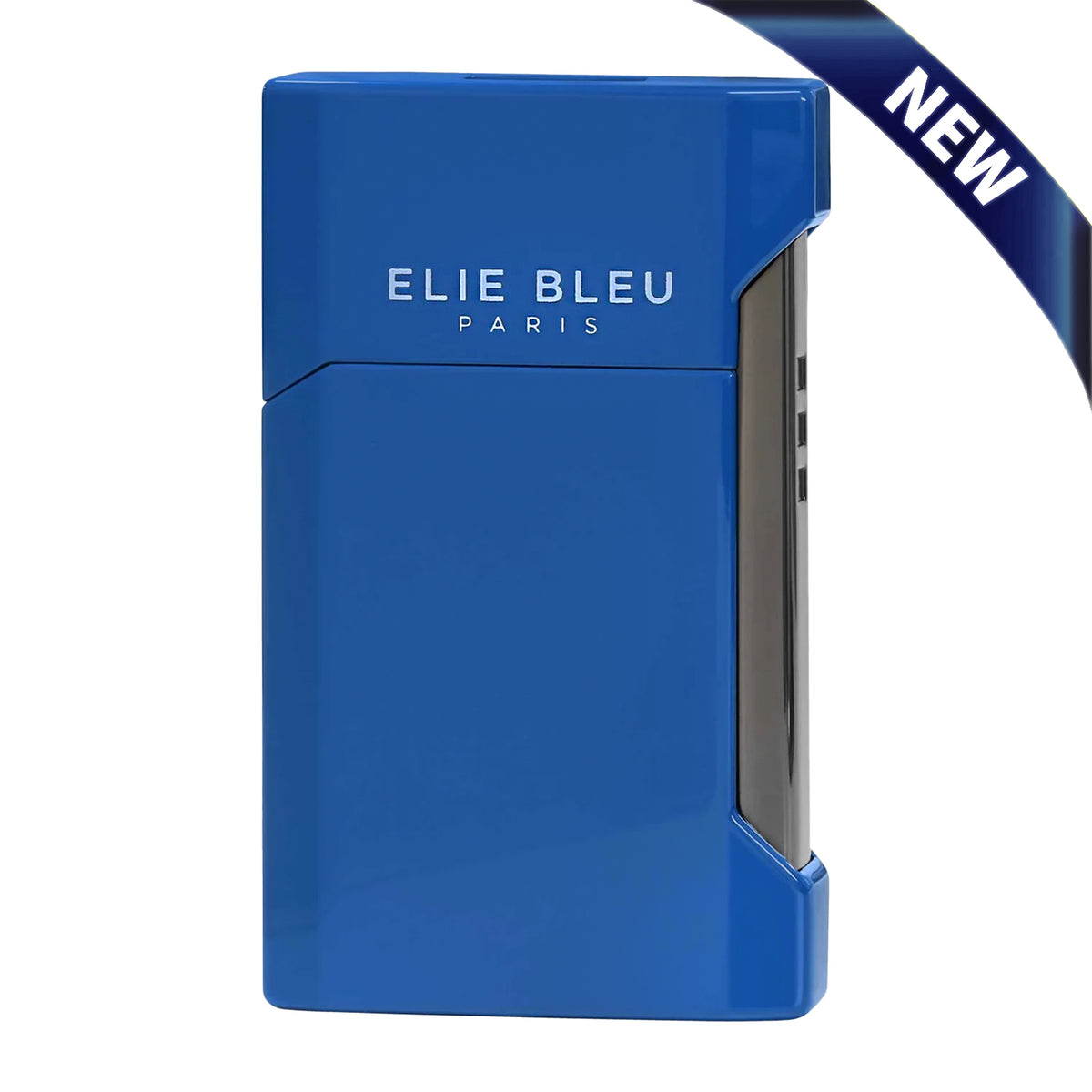 A blue Elie Bleu Paris lighter with silver lettering, shown on a white background with a blue 'NEW' ribbon graphic in the top right corner.
