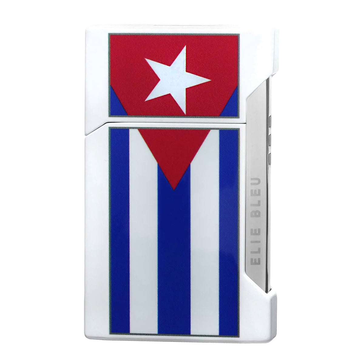 A white metallic lighter featuring a glossy Cuban flag design with red, white, and blue colors, and the brand name 'ELIE BLEU' vertically engraved on the side.