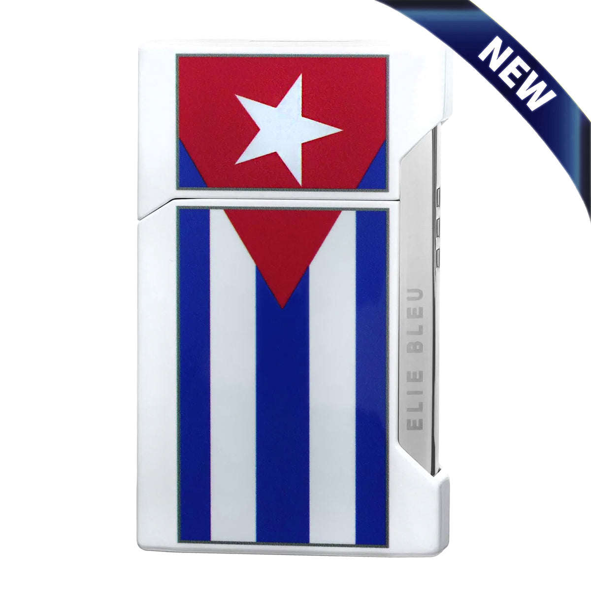 A white lighter featuring a Cuban flag design with red, white, and blue colors, shown on a white background with a blue 'NEW' banner in the top right corner.