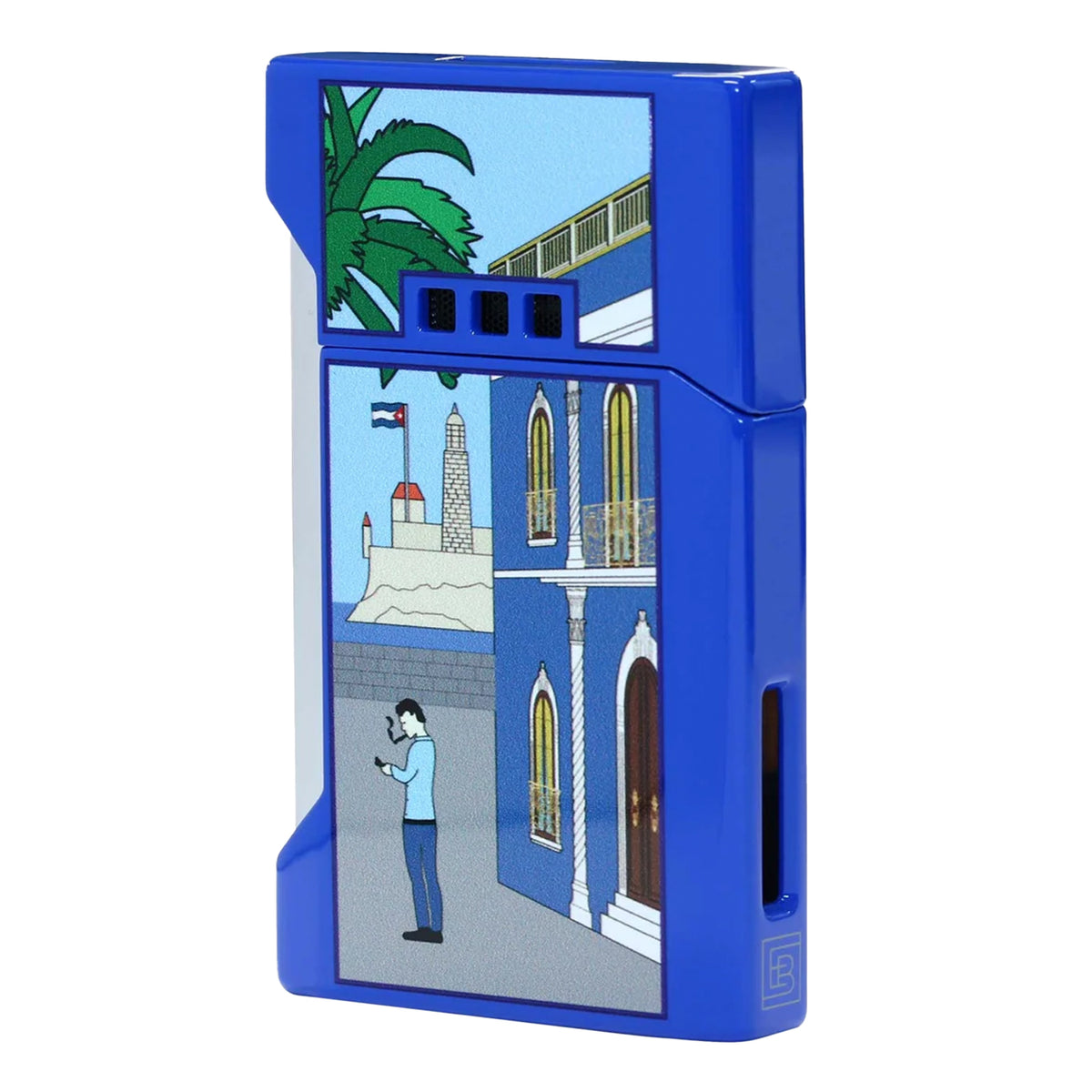 A blue lighter with a printed illustration of a cuban street scene featuring blue buildings, a palm tree, and a person standing outside.