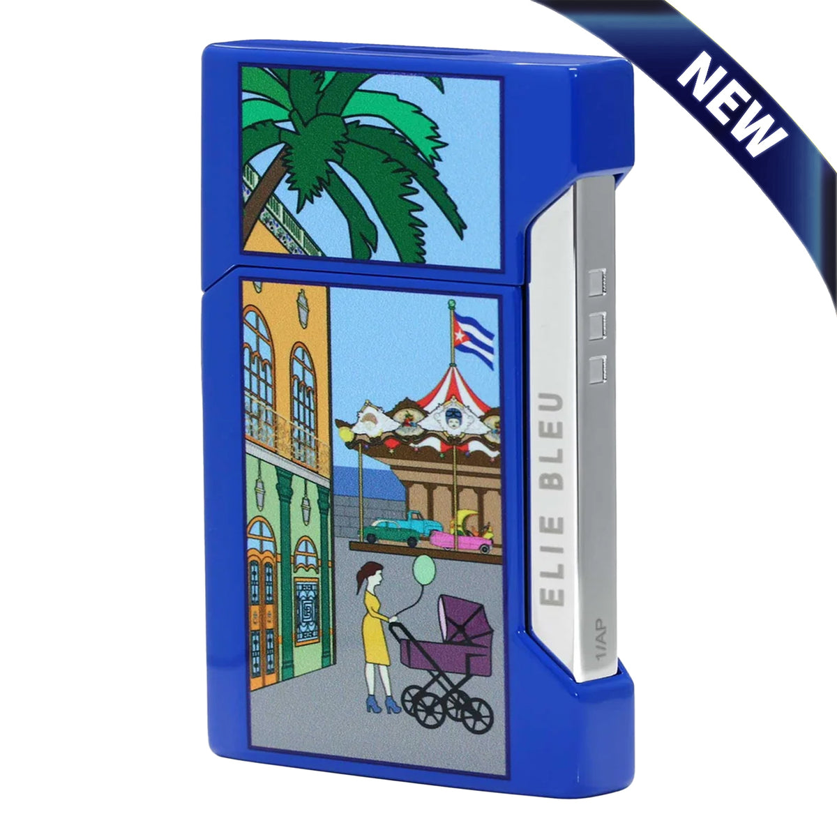 A blue lighter with colorful illustrated graphics, including a palm tree and a street scene with a carousel and a woman pushing a stroller. The lighter has a silver side strip with the text 'ELIE BLEU' and a blue 'NEW' ribbon graphic in the top right corner.