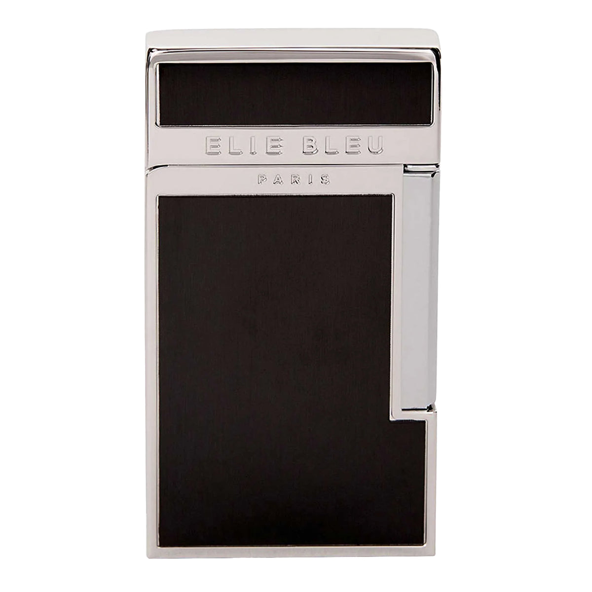 A slim rectangular Elie Bleu Paris lighter with a polished silver-tone metal body and a large black center panel, shown on a plain white background.