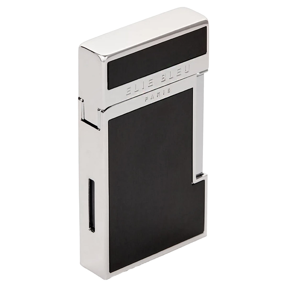 A sleek, rectangular lighter with a polished silver-tone metal body and black enamel panels, featuring the 'BLUE BLEU PARIS' logo engraved on the top.