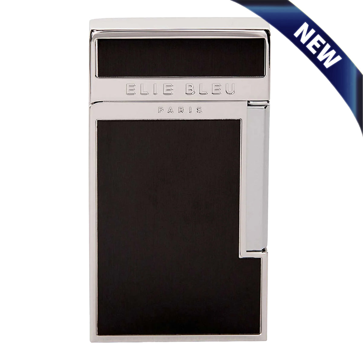 A slim rectangular Elie Bleu Paris lighter with a polished silver-tone metal body and a large black center panel, shown on a white background with a blue 'NEW' ribbon in the top-right corner.