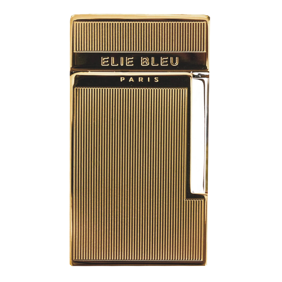 A gold-tone metal lighter with vertical ribbed detailing and the brand name 'ELIE BLEU PARIS' engraved on the top, shown against a plain white background.