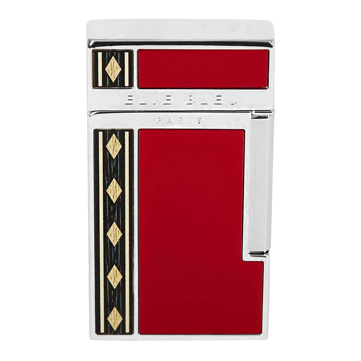 An Elie Bleu lighter with a polished silver-tone metal body, featuring a vibrant red enamel panel and geometric black and gold inlay details.