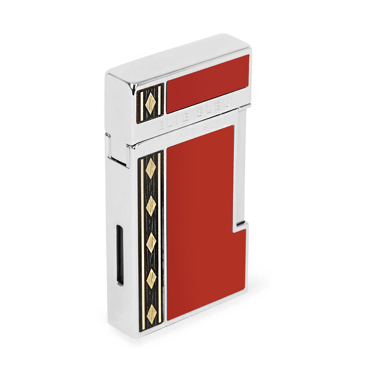 A sleek, metallic silver lighter with a bold red enamel panel and a vertical black and gold geometric pattern on the side, set against a plain white background.