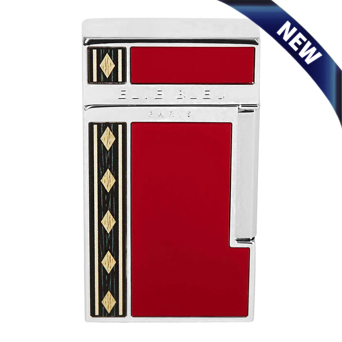 An Elie Bleu lighter with a polished silver-tone metal body, featuring a vibrant red enamel panel and geometric black-and-gold inlay on the sides, shown on a white background with a blue 'NEW' ribbon overlay.