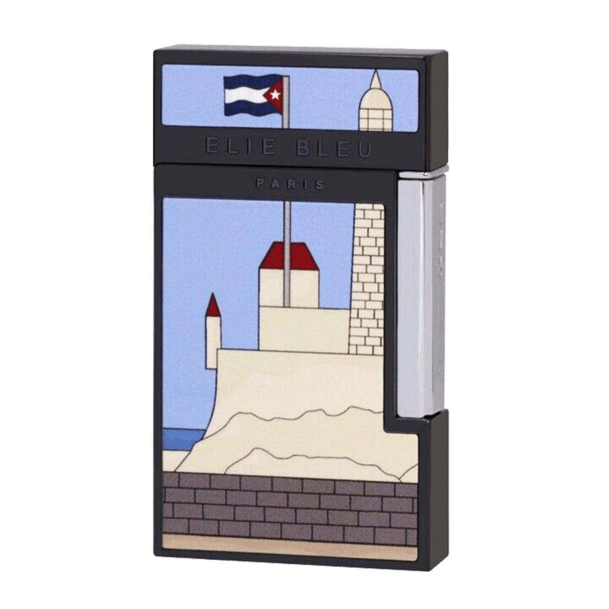 Elie Bleu Paris lighter featuring a Cuban flag and a stylized lighthouse illustration on a black body with a silver metallic side accent.