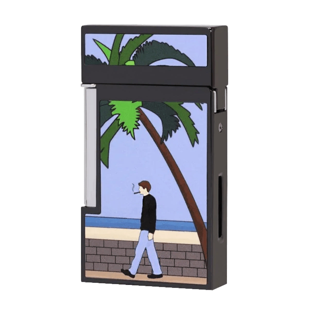 A black metal lighter with a custom printed illustration on the front. The illustration depicts a man walking under a palm tree near a beach, with a blue sky and ocean in the background.