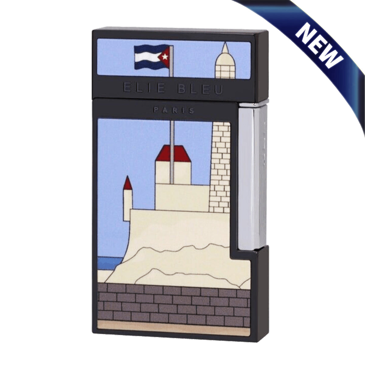 Elie Bleu Paris lighter featuring a Cuban landscape illustration with a lighthouse, flag, and beach, shown on a white background with a blue 'NEW' banner in the top right corner.