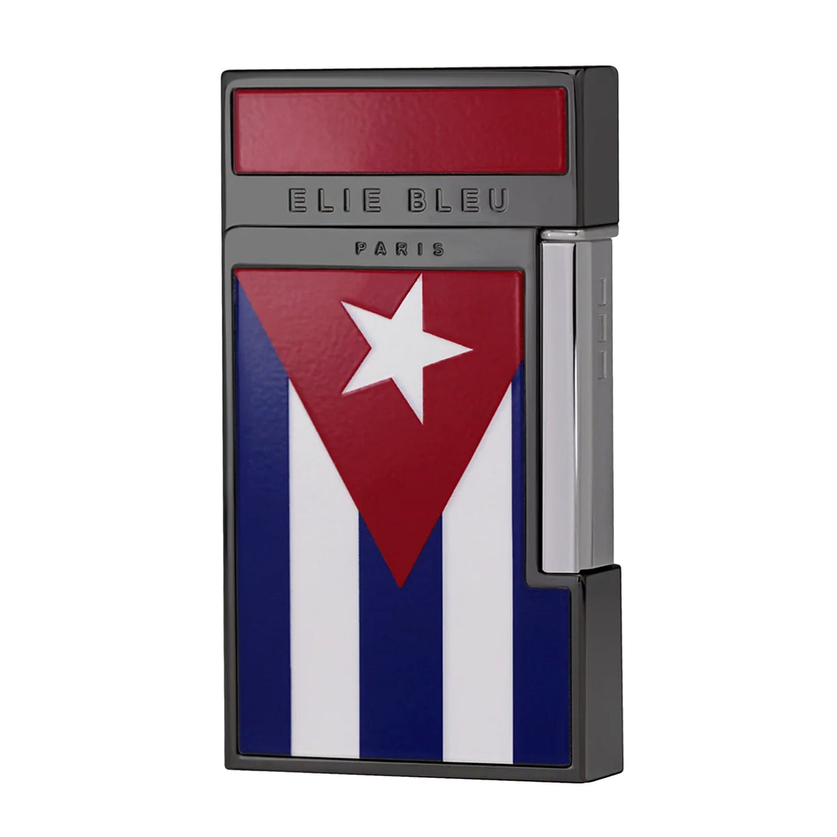 Elie Bleu Paris lighter featuring a Cuban flag design on the body, with a red top panel and silver metallic side accents, shown on a plain white background.