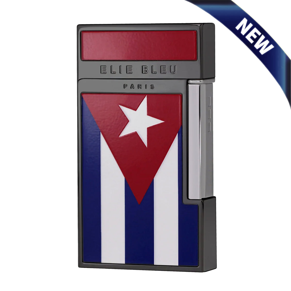 A metallic silver and black Elie Bleu Paris lighter featuring a Cuban flag design on the front, with a red accent panel at the top and a blue 'NEW' banner overlay in the upper right corner.