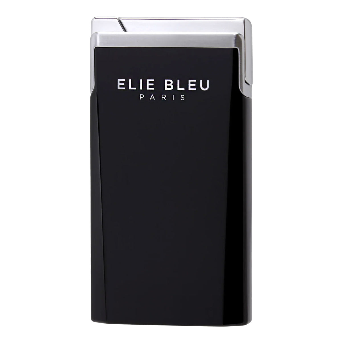 Elie Bleu Paris black rectangular lighter with a polished silver metallic top and side trim, featuring the brand name in white text on the front.