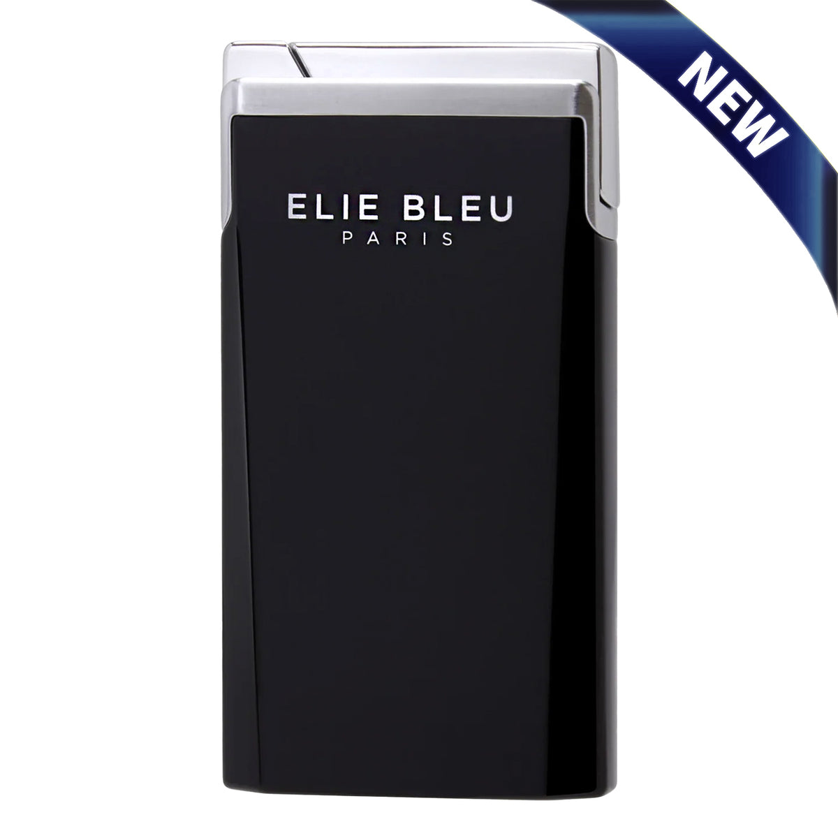 Elie Bleu Paris black lighter with a silver metallic top, shown on a white background with a blue 'NEW' ribbon overlay in the top right corner.