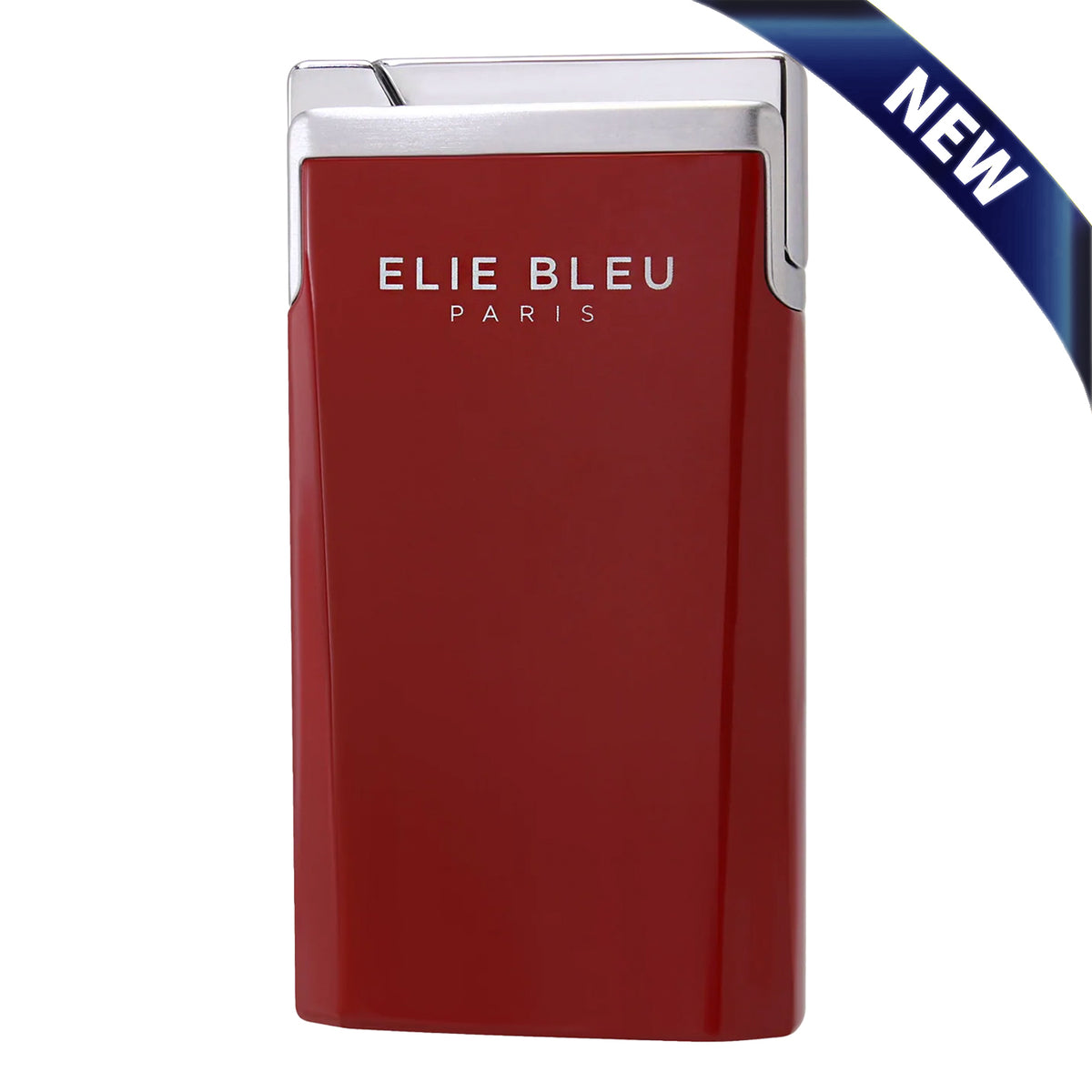 Elie Bleu Paris red lighter with a silver metallic top edge and a blue 'NEW' ribbon overlay in the top right corner.