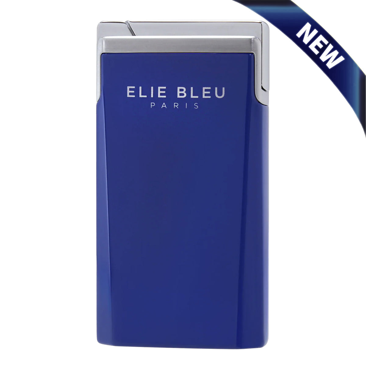 A blue Elie Bleu Paris lighter with a silver metallic top, shown on a white background with a blue 'NEW' ribbon overlay in the top right corner.
