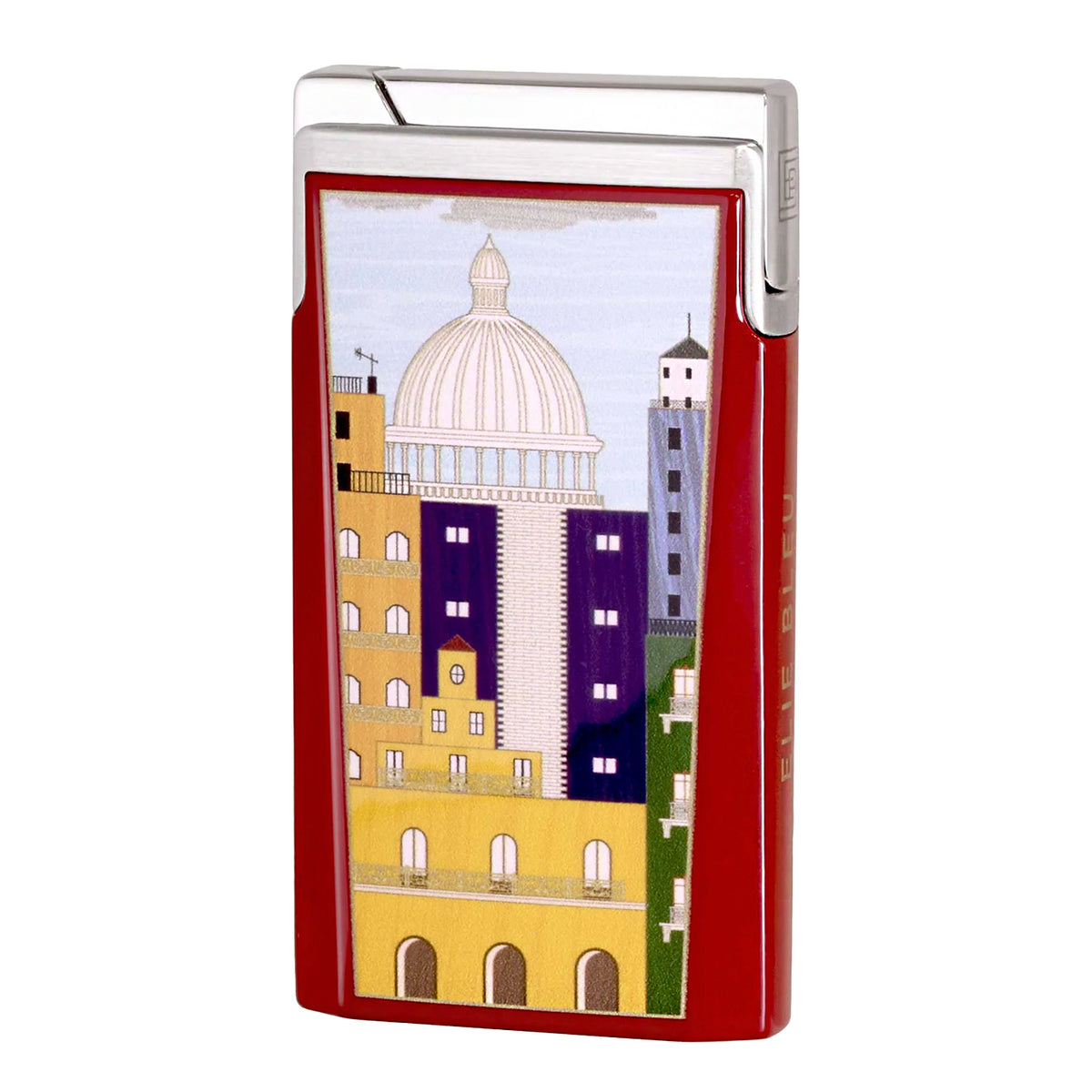 A red rectangular lighter with a silver metal top and a colorful architectural illustration of a domed building on the front, shown against a plain white background.