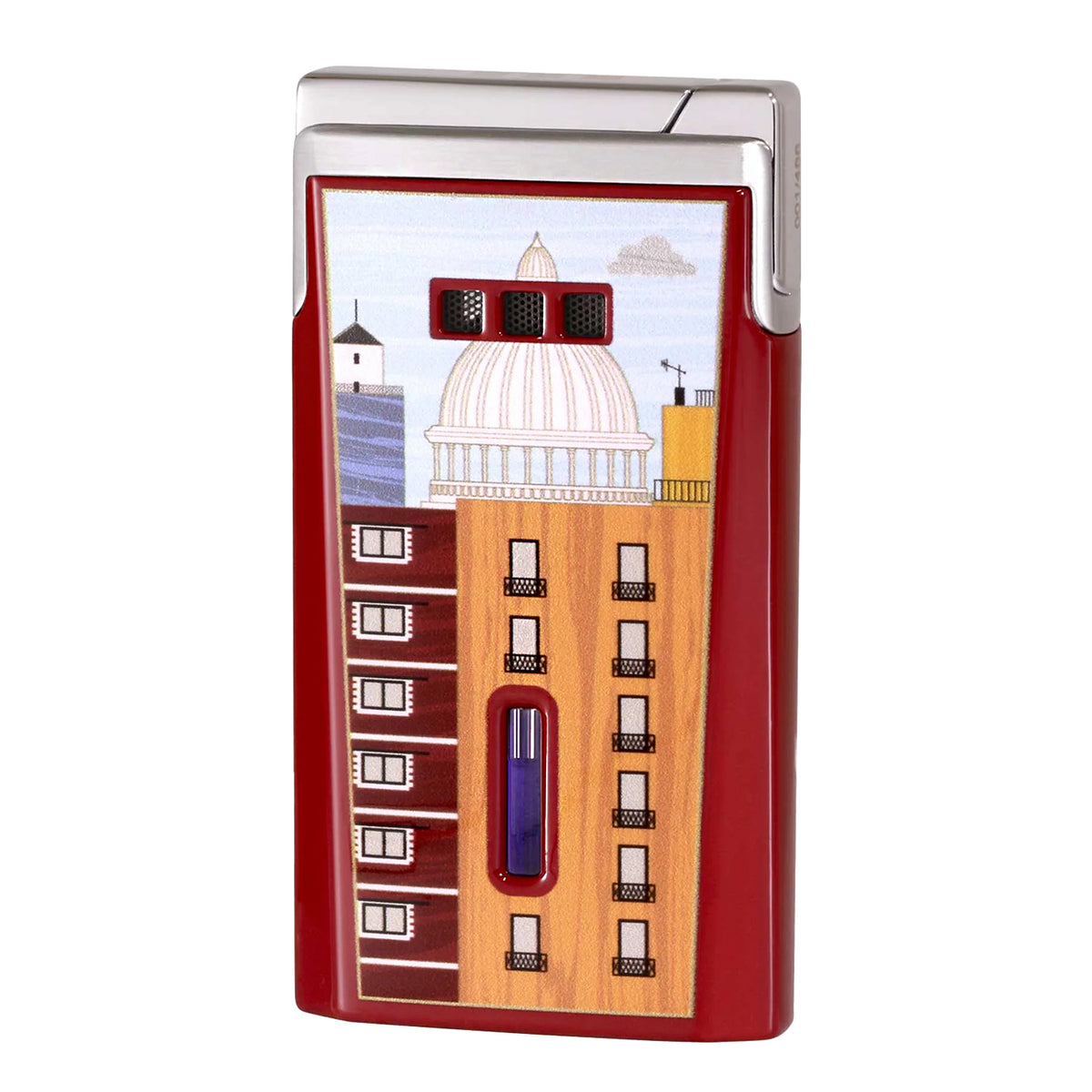 A rectangular lighter with a red outer body and a printed cityscape design on the front, featuring a large domed building, smaller structures, windows, and a blue vertical element near the bottom. The lighter has a silver-toned metallic top edge and is shown on a plain white background.