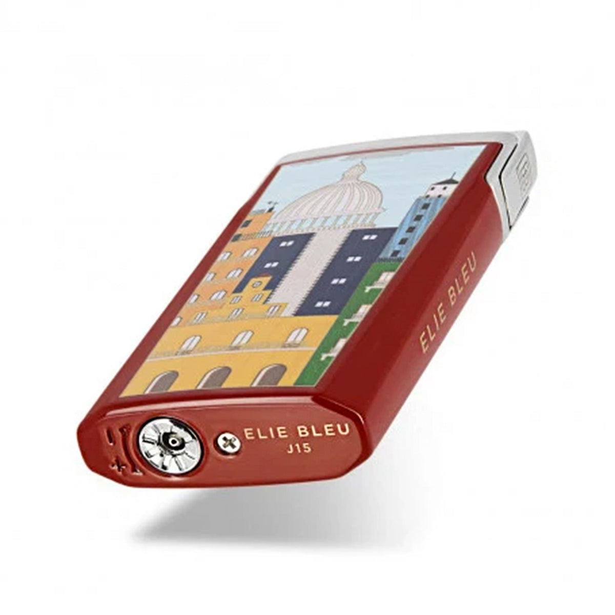 Elie Bleu J15 pocket lighter with a red body, featuring a colorful illustration of Parisian buildings on the top surface and the brand name 'ELIE BLEU' printed on the side.
