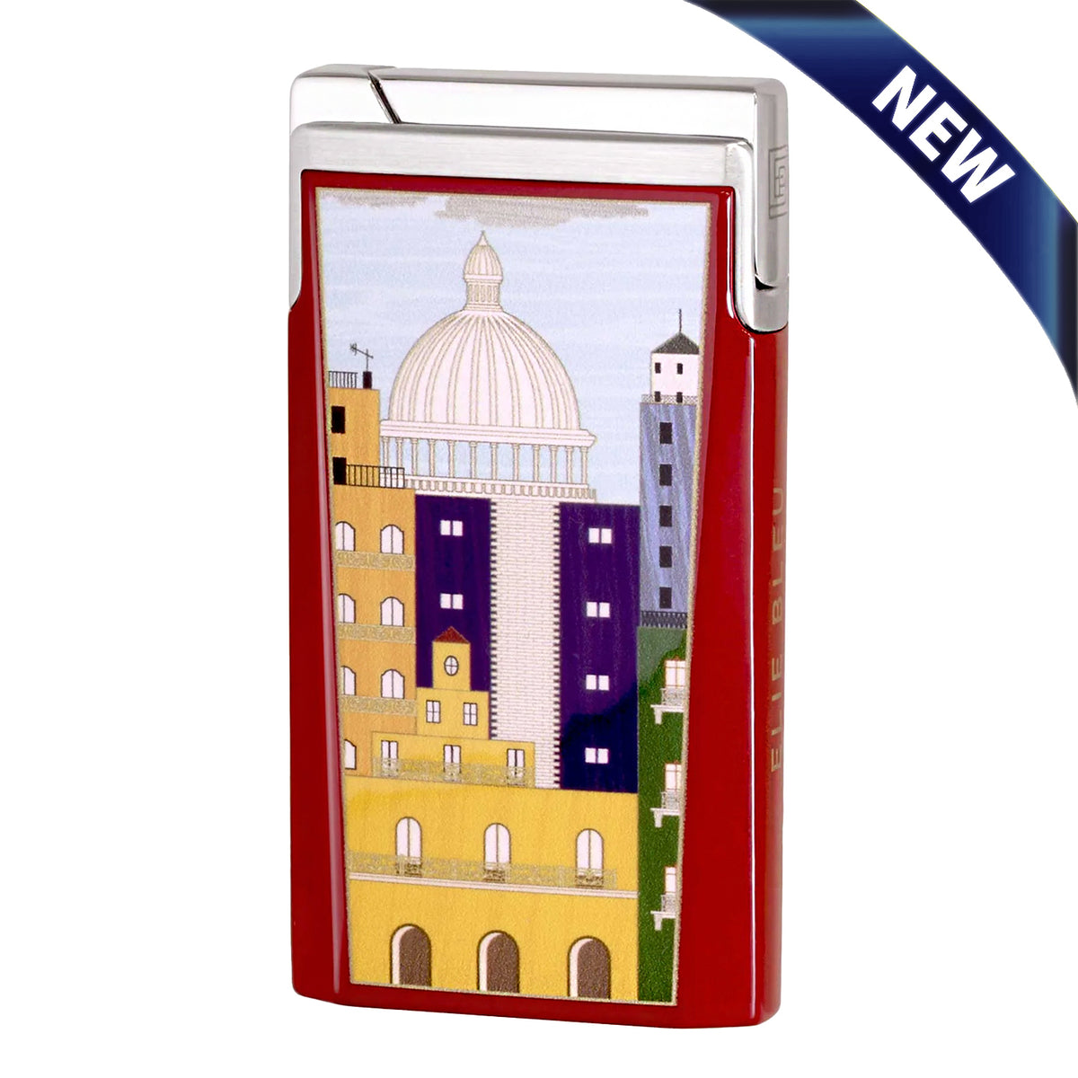 A red rectangular lighter with a colorful illustration of a domed building and towers on the front, shown on a white background with a blue 'NEW' ribbon in the top right corner.