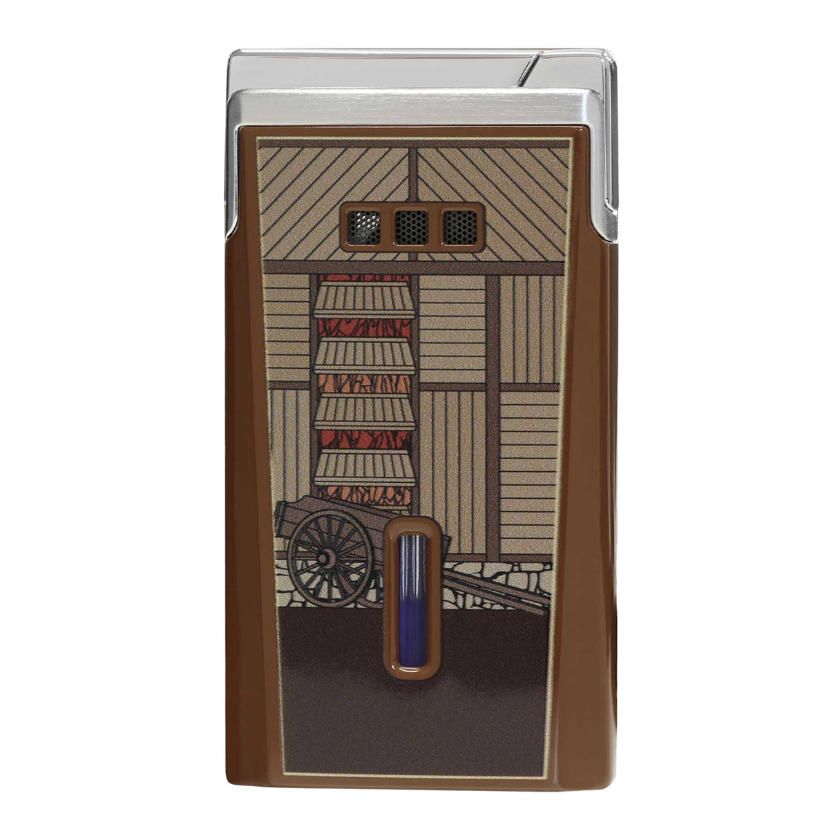 A rectangular metal lighter with a brown and beige illustrated design depicting a wooden cart in front of a building, featuring a silver metallic top and a blue-tinted butane window.