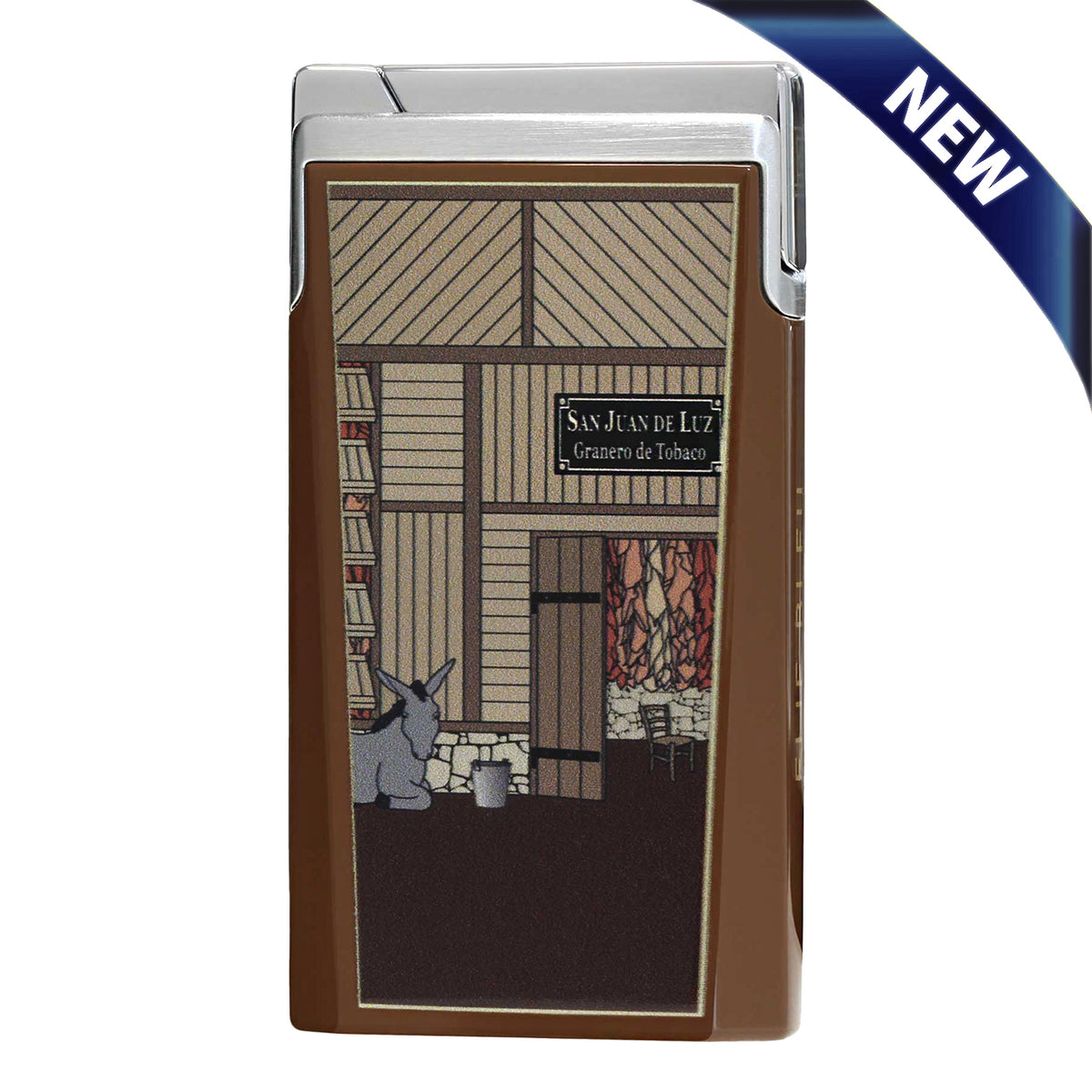 A rectangular lighter with a brown body and a printed illustration of a cuban shop facade labeled 'San Juan De Luz, Granero de Tobaco'. The lighter has a silver metallic top and a blue 'NEW' ribbon graphic in the top right corner.