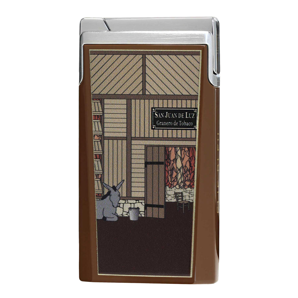 A rectangular lighter with a polished silver chrome top and sides, featuring a brown front cover printed with an illustration of a cuban store front labeled 'San Juan De Luz, Granero de Tobaco''
