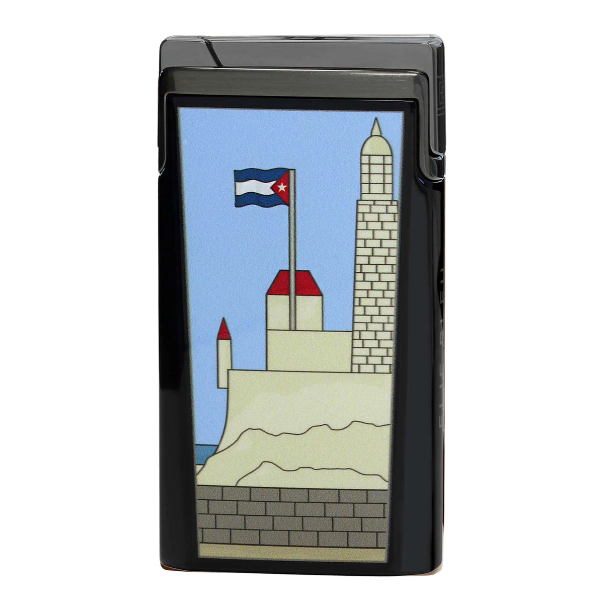 A black rectangular lighter with a glossy finish, featuring a colorful printed illustration of a coastal castle and flag on the front.