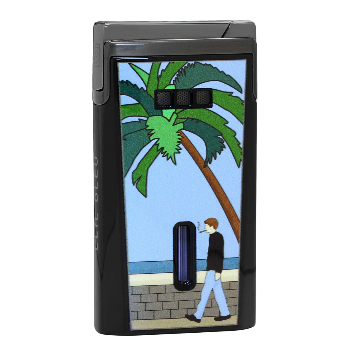 A black rectangular lighter with a colorful graphic on the front showing a palm tree, beach, and a walking figure, shot against a plain white background.