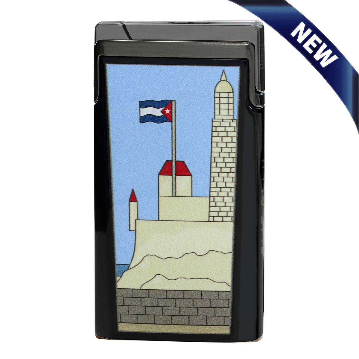 A black rectangular lighter with a colorful Cuban landscape illustration on the front, featuring a flagpole, castle towers, and a blue sky. A blue diagonal 'NEW' banner is visible in the top right corner.